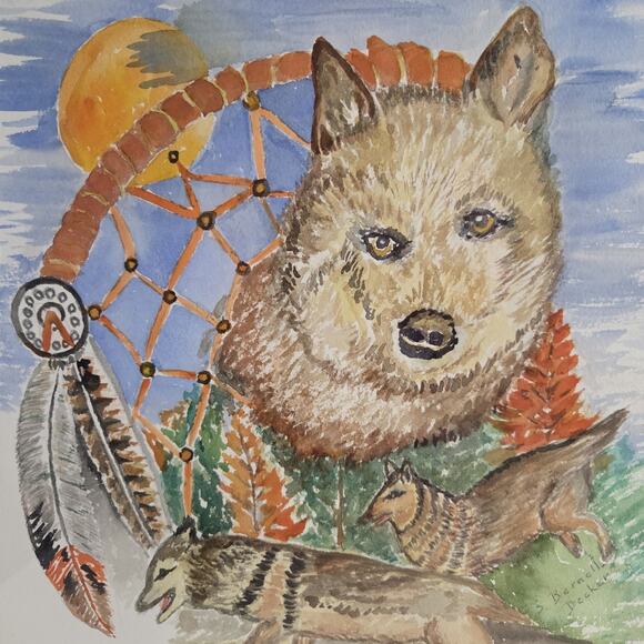 Sister Bernella Decker OOAK Watercolor Painting Wolfpack Dream Catcher Wolves - Picture 6 of 12